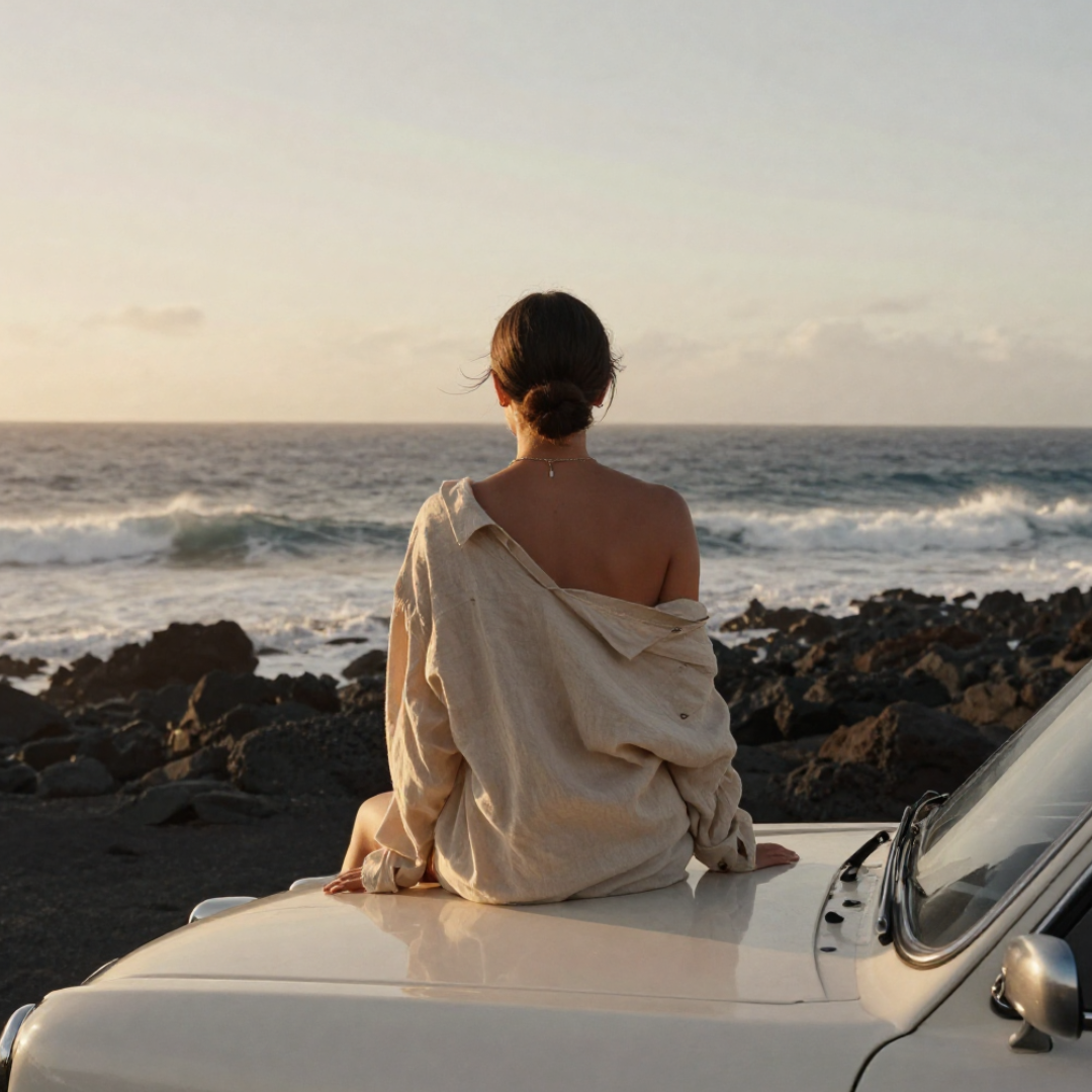 Mujer sentada frente al mar al atardecer