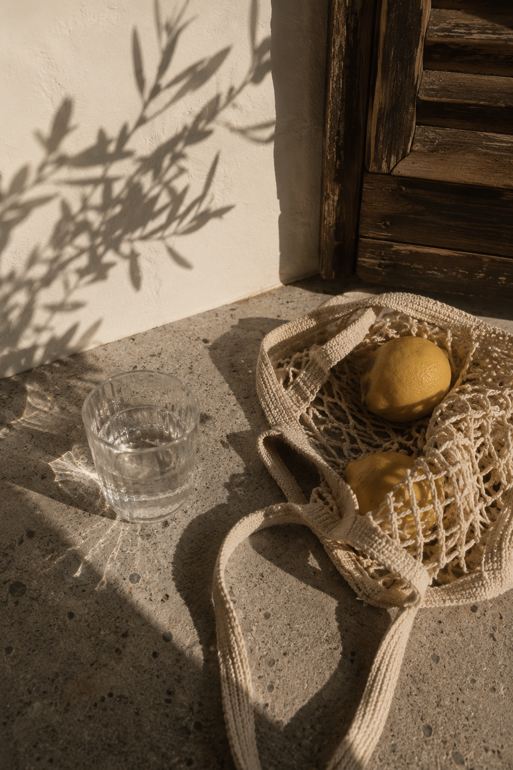 Bolsa de red con limones y vaso de agua bajo sombra de olivo