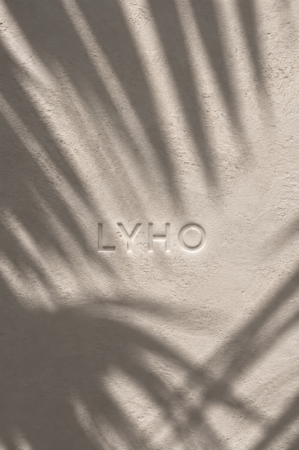 Logo LYHO grabado en pared con sombra de palmera